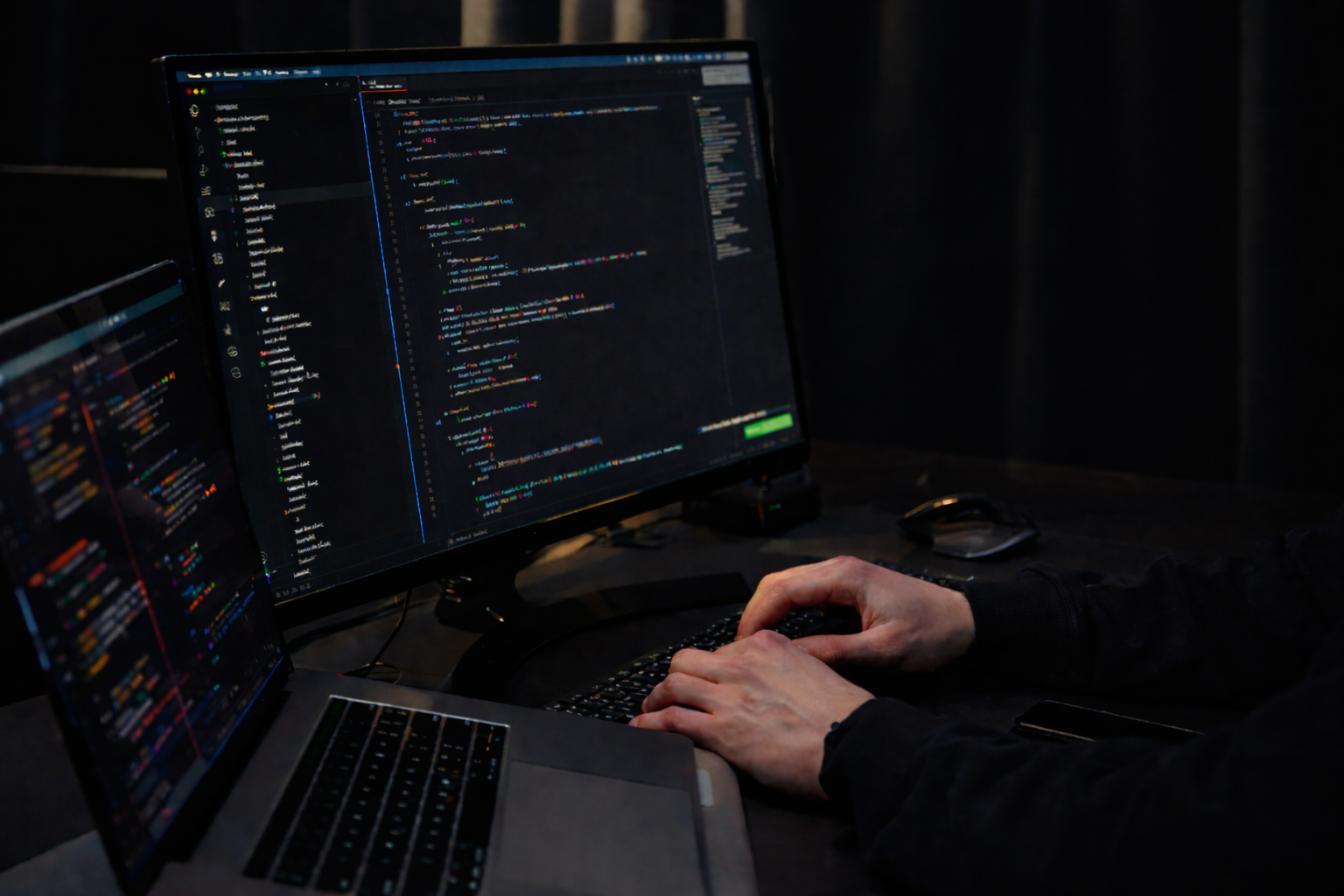 Web development workspace with code on screen
